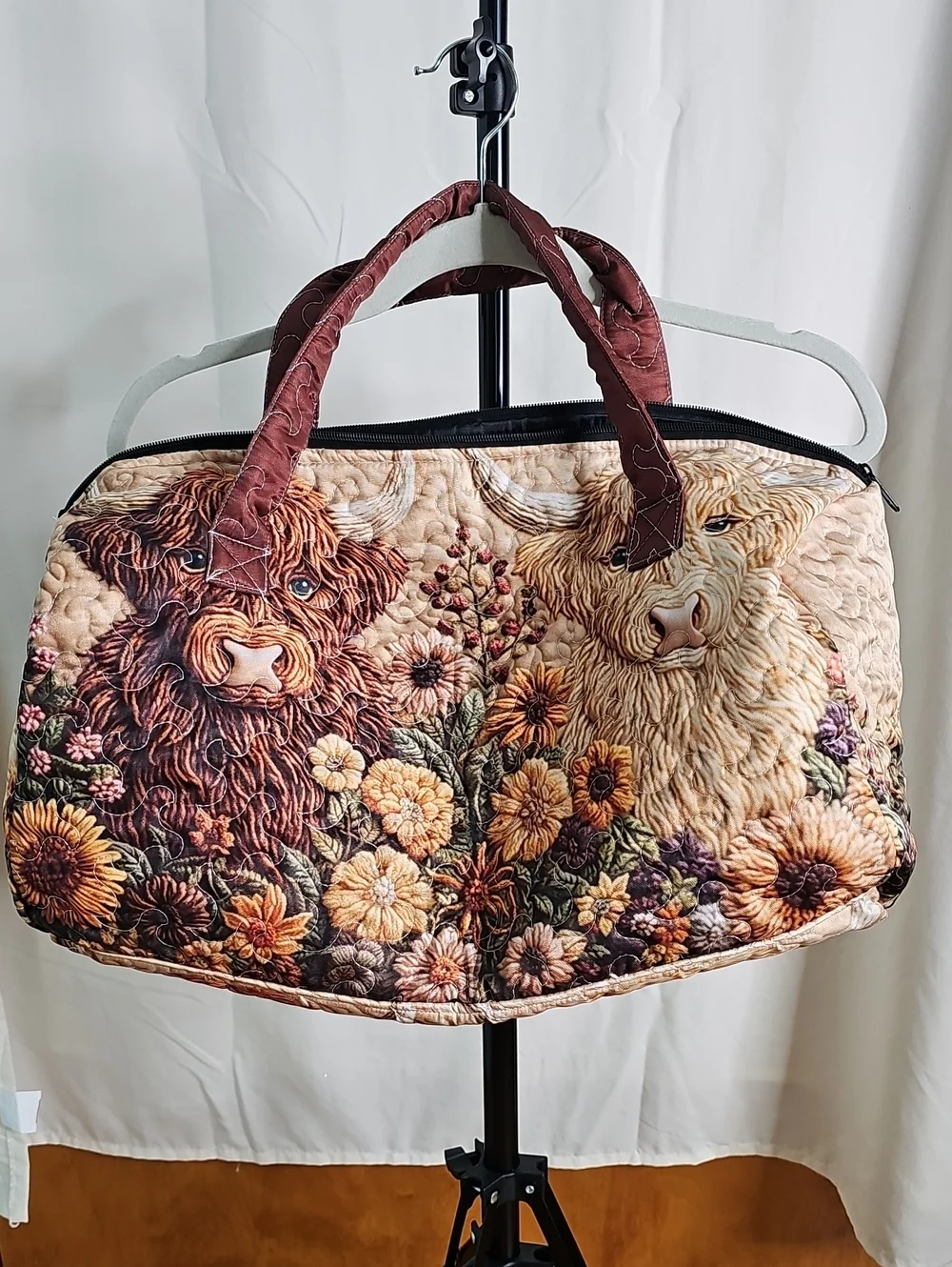 Quilted Floral Highland Cow Weekender Bag - Brown & Cream